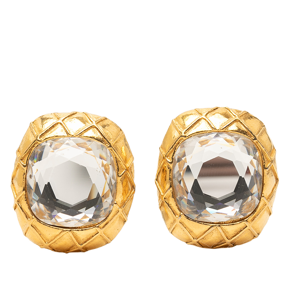 Pre-Loved Chanel Gold Plated Quilted Large Crystal Clip On Earrings